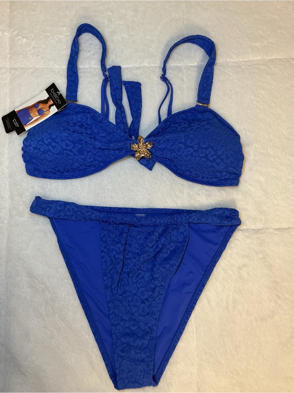 bebe Cobalt Blue Bikini Set with Gold Flower Accents - Picture 3 of 11